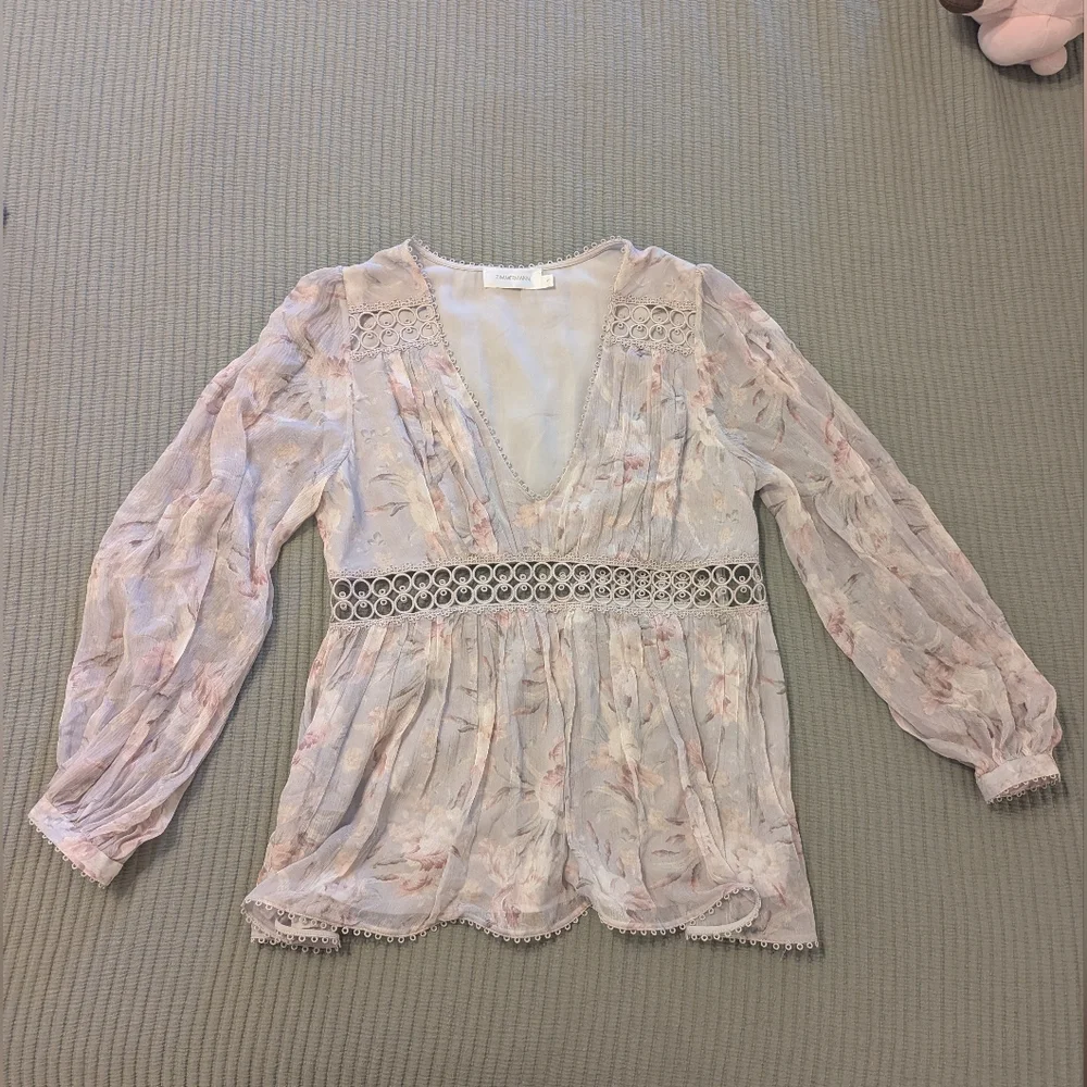 Zimmermann Iris Floral Eyelet Pink Grey Dusty Pastel Silk Lace Trim Blouse Sz 3 - Picture 7 of 13